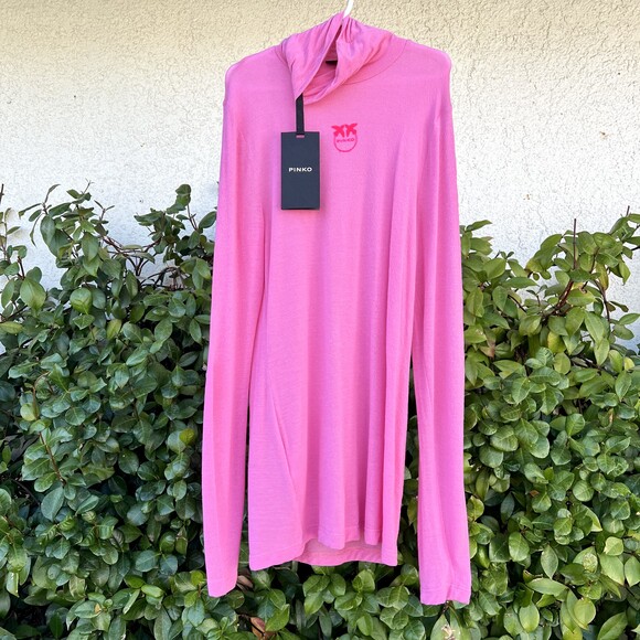 Pinko Top NWT Pink Logo Long Sleeve Turtleneck Modal Size X-Small fits Small - Picture 3 of 7
